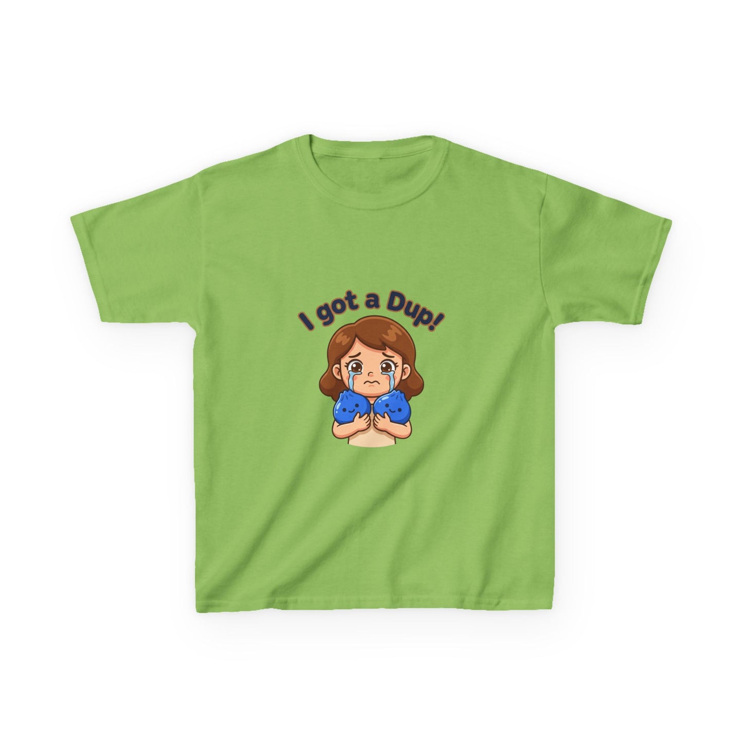 Kids T‑Shirt — "I Got a Dup!" Cute Cartoon Kid Holding Duplicated Squishies