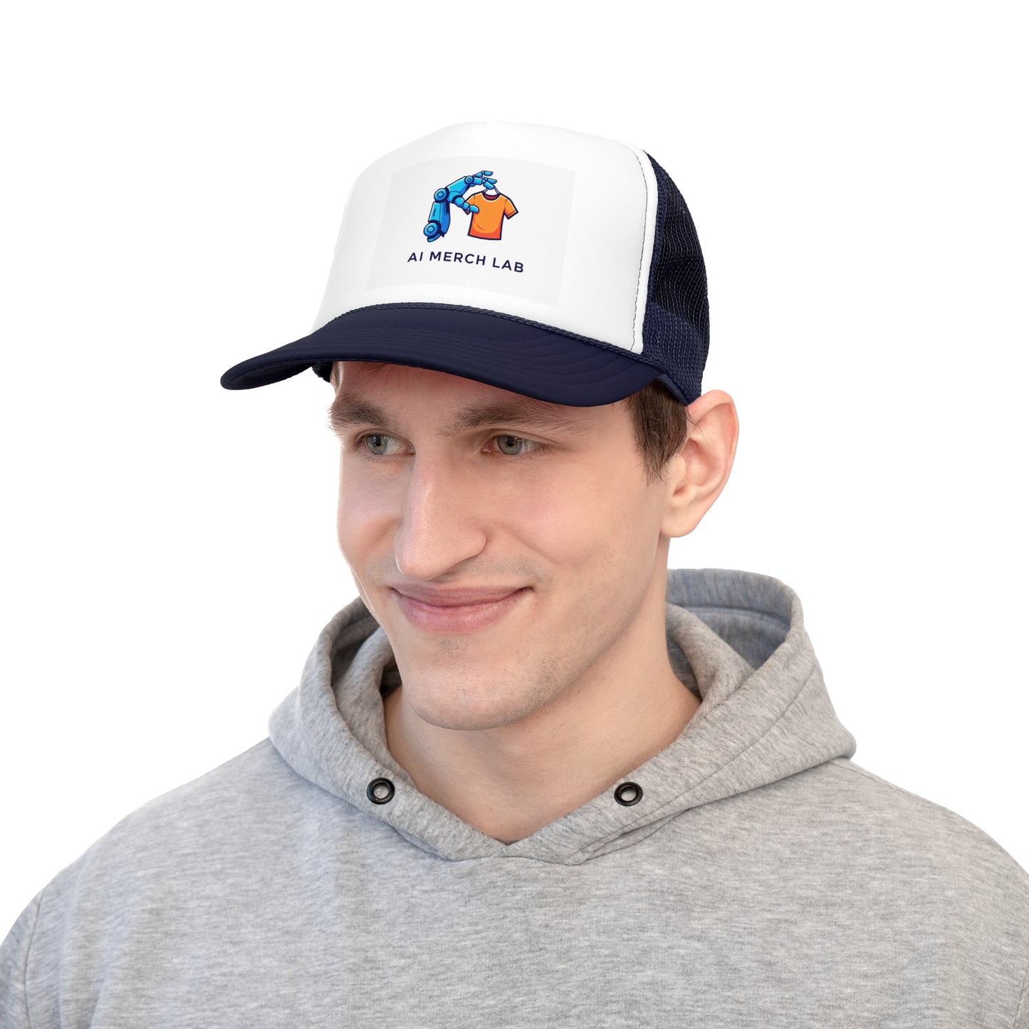 AI Merch Lab Trucker Cap | Custom Graphic Hat for Tech Lovers, Casual Wear, Gifts for Him/Her, Summer Accessory,  Fun Fashion Statement