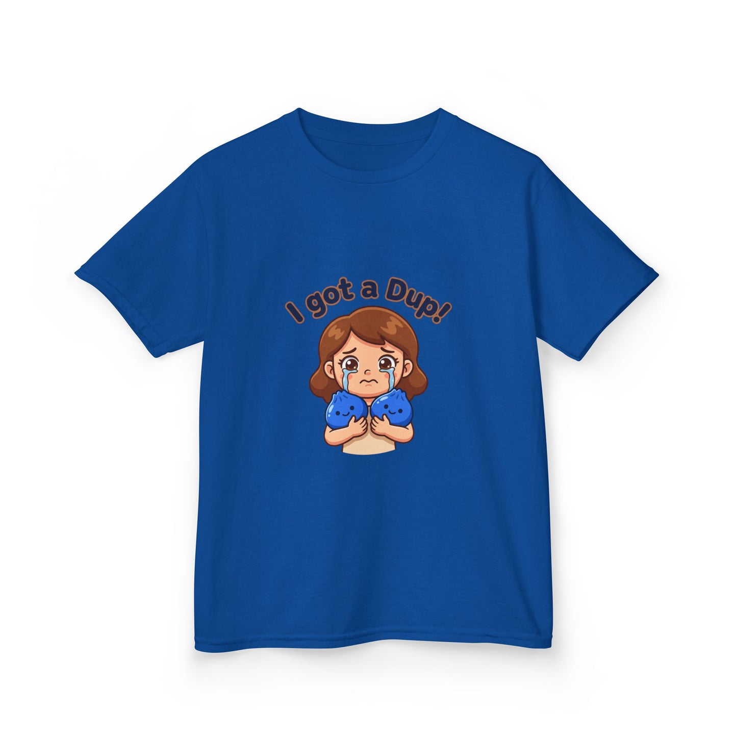 Kids T‑Shirt — "I Got a Dup!" Cute Cartoon Kid Holding Duplicated Squishies