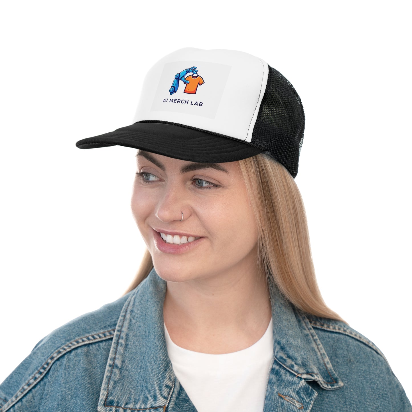 AI Merch Lab Trucker Cap | Custom Graphic Hat for Tech Lovers, Casual Wear, Gifts for Him/Her, Summer Accessory,  Fun Fashion Statement