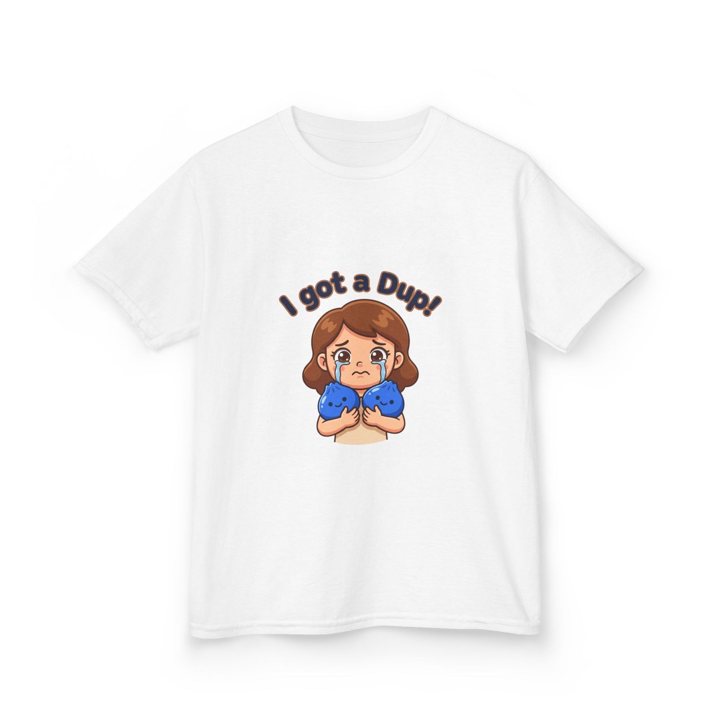 Kids T‑Shirt — "I Got a Dup!" Cute Cartoon Kid Holding Duplicated Squishies