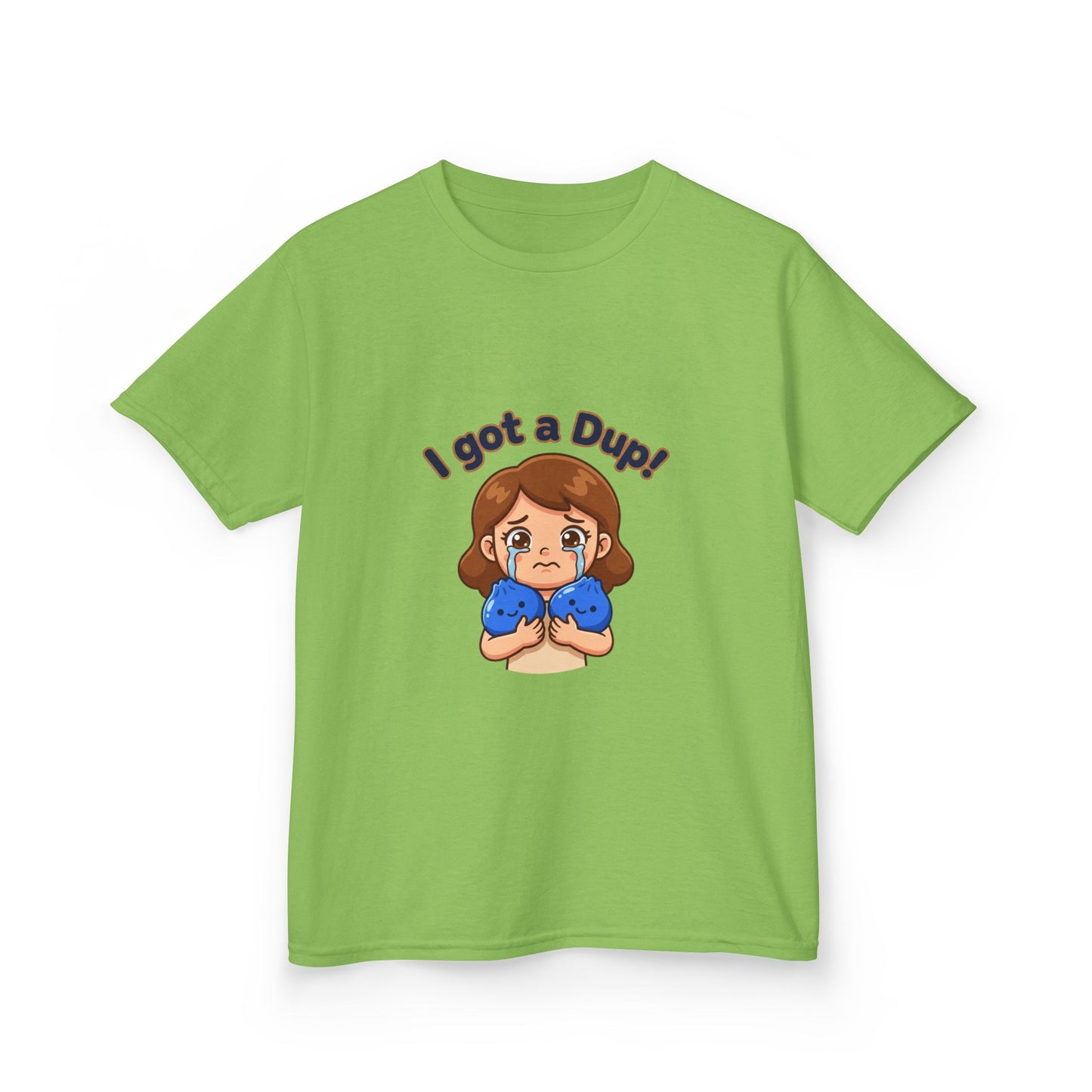 Kids T‑Shirt — "I Got a Dup!" Cute Cartoon Kid Holding Duplicated Squishies