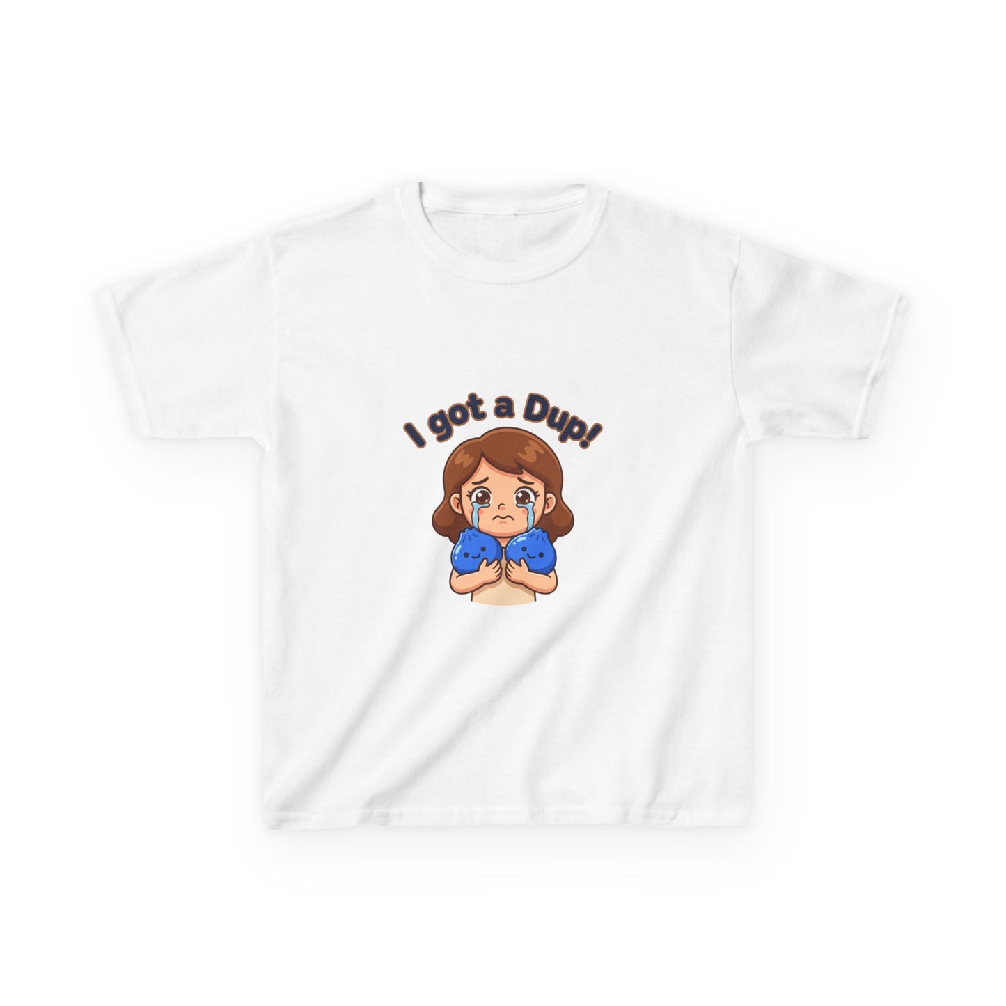 Kids T‑Shirt — "I Got a Dup!" Cute Cartoon Kid Holding Duplicated Squishies