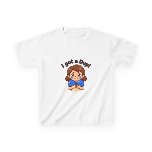 Kids T‑Shirt — "I Got a Dup!" Cute Cartoon Kid Holding Duplicated Squishies