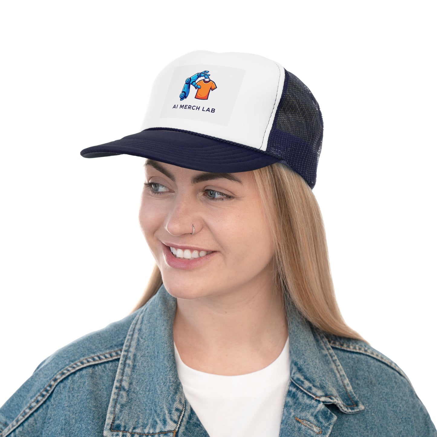 AI Merch Lab Trucker Cap | Custom Graphic Hat for Tech Lovers, Casual Wear, Gifts for Him/Her, Summer Accessory,  Fun Fashion Statement