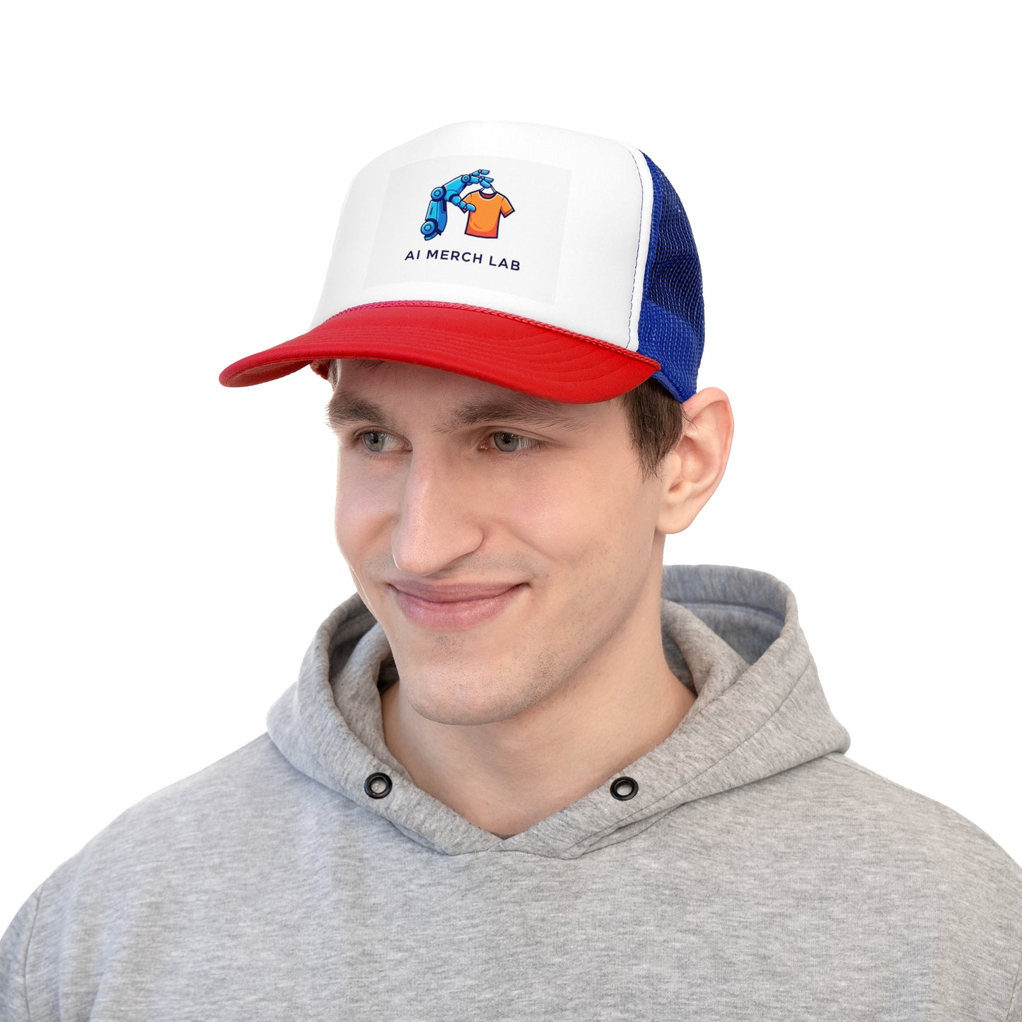 AI Merch Lab Trucker Cap | Custom Graphic Hat for Tech Lovers, Casual Wear, Gifts for Him/Her, Summer Accessory,  Fun Fashion Statement