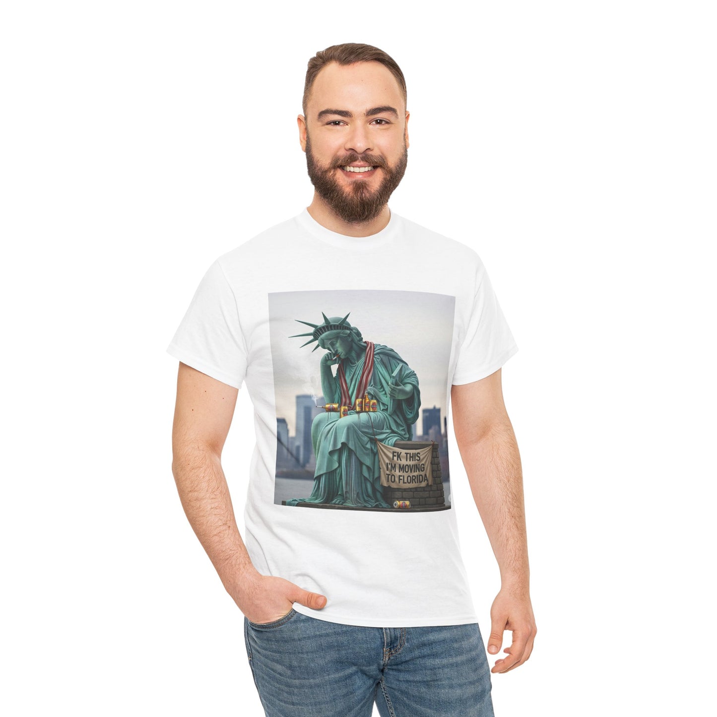 Funny T-Shirt features a playful design of the Statue of Liberty wanting to leave to Florida