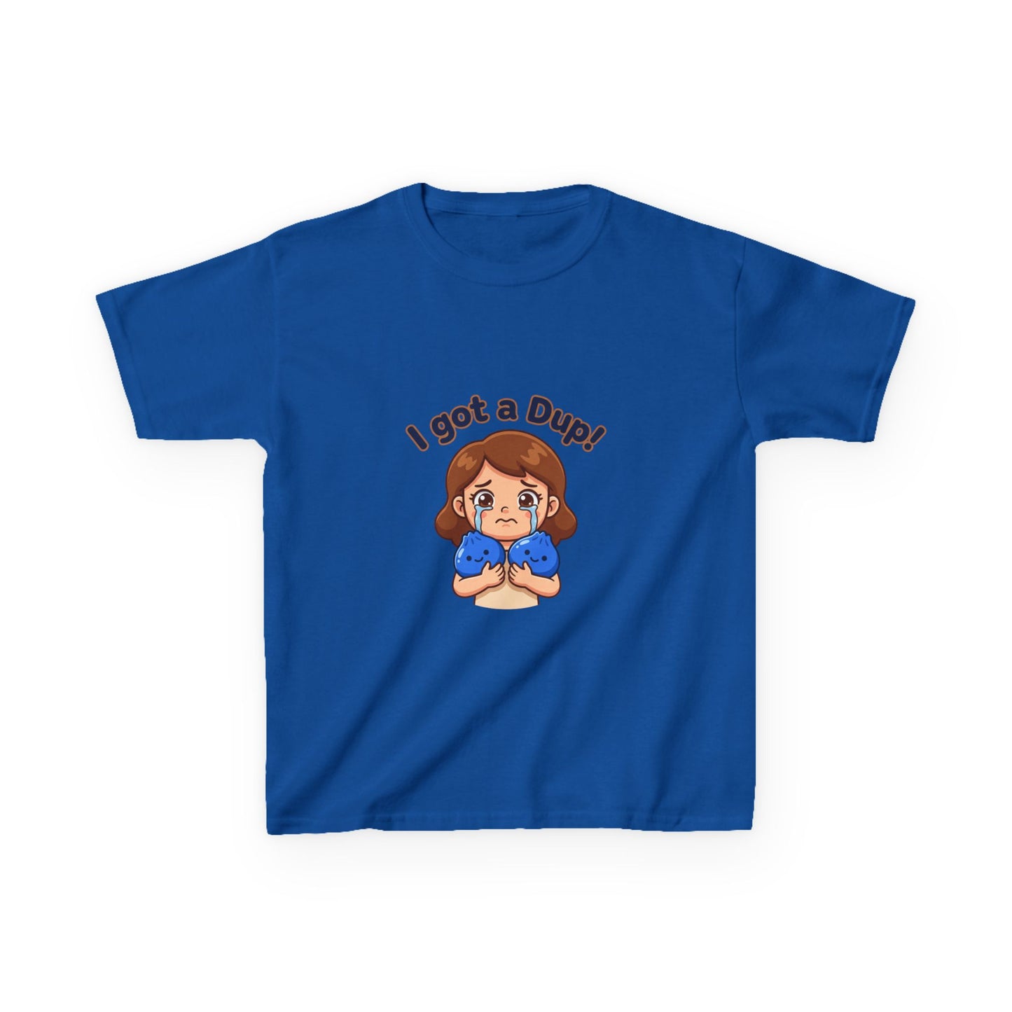 Kids T‑Shirt — "I Got a Dup!" Cute Cartoon Kid Holding Duplicated Squishies