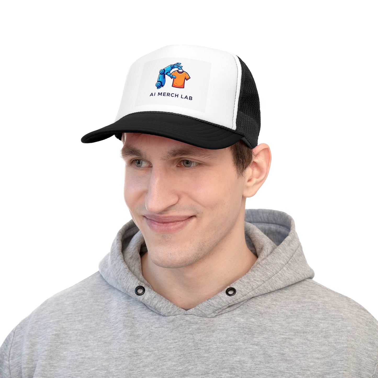 AI Merch Lab Trucker Cap | Custom Graphic Hat for Tech Lovers, Casual Wear, Gifts for Him/Her, Summer Accessory,  Fun Fashion Statement